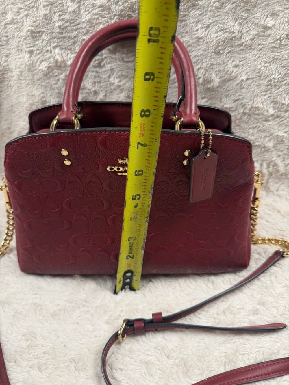 Coach Wine Embossed Leather Satchel with Gold Chain Strap - Picture 5 of 12